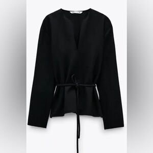 Zara Black V-Neck Blouse with Tie Waist